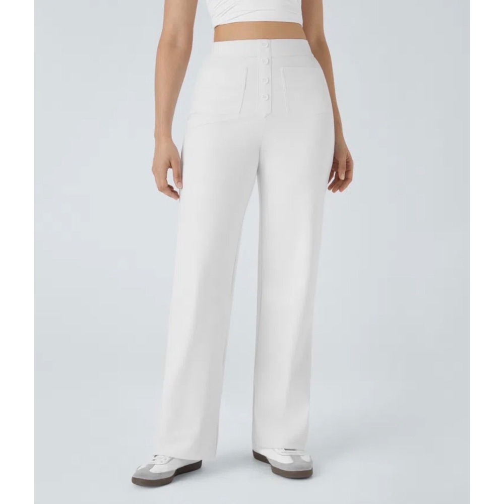 Halara DayStretch White Wide Leg High Waisted Button Front Pants Small Petite